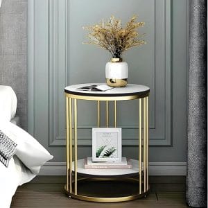 Modern Round Side Table with Golden Metal Frame – 2-Tier Marble Finish End Table