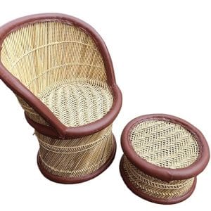 Handcrafted Bamboo Cane Chair with Matching Stool – Eco-Friendly Rattan Furniture Set
