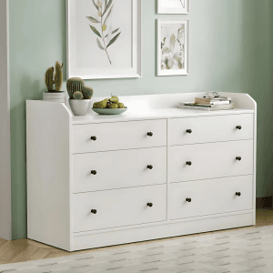 Modern White 6-Drawer Dresser with Black Knobs – Minimalist Storage Cabinet