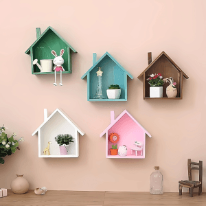 Colorful Wooden House-Shaped Wall Shelves – Set of 5