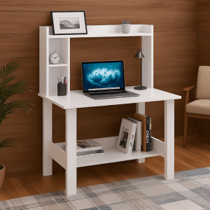 Modern White Study Table with Bookshelf & Storage Rack – 90x50 cm