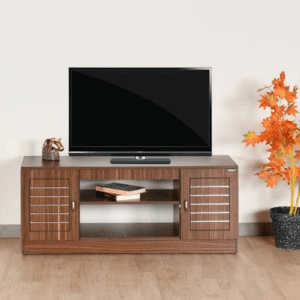 Walnut Finish Wooden TV Unit with Dual Cabinets & Open Shelves