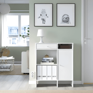 Modern Multi-Storage Wooden Side Cabinet with Drawer & Door – White Finish | SK Enterprises