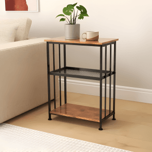Industrial Metal Frame Side Table with Wooden Shelves – 3-Tier Storage Rack for Living Room & Bedroom