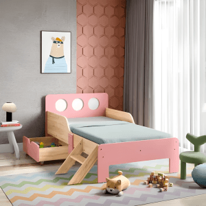 Stylish Wooden Kids Bed with Safety Rails and Drawer – Pink Finish