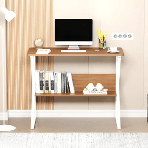 Modern Engineered Wood Office Desk with Metal Frame & Storage Shelf